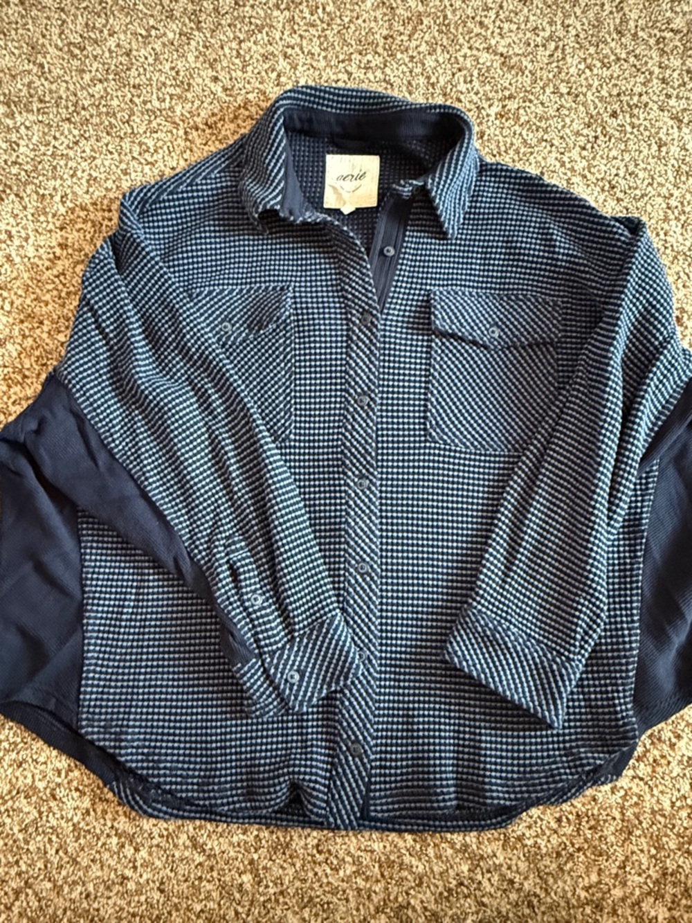 aerie Navy and Light Blue Micro-Check Button-Up Waffle Shirt